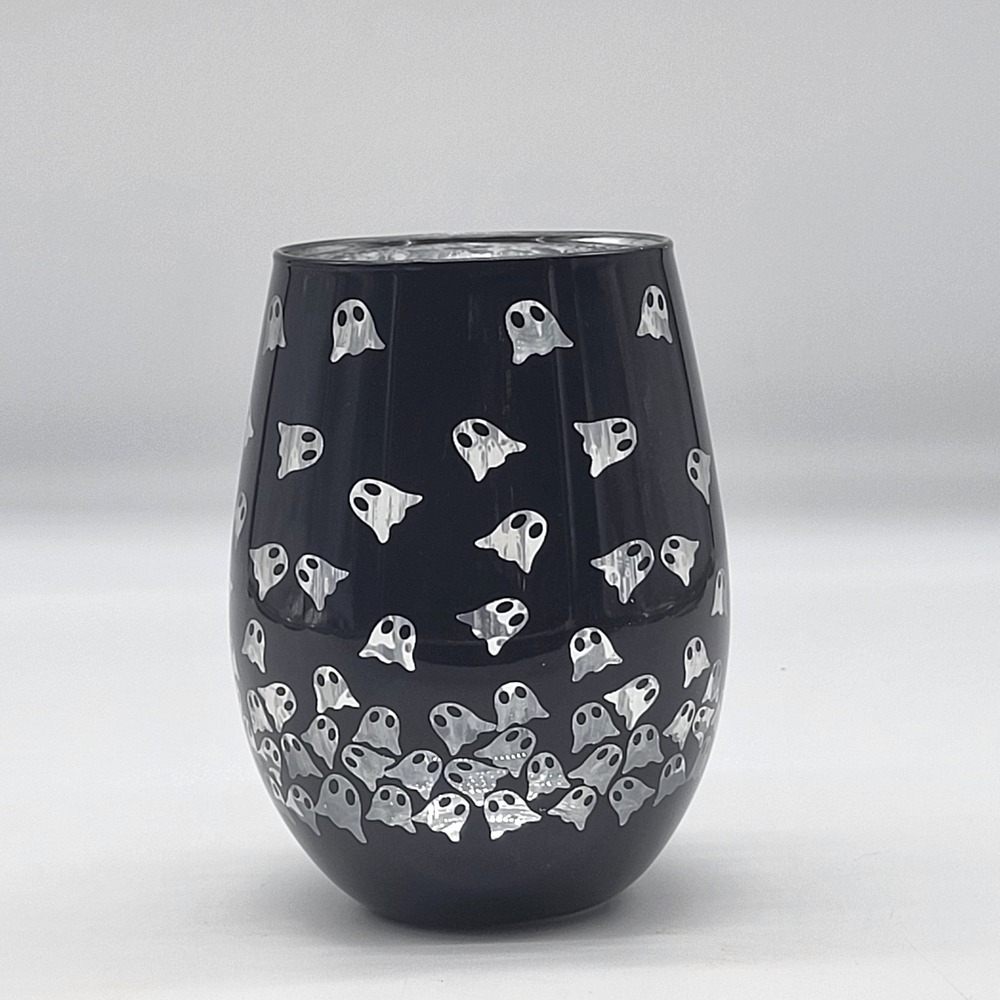 Halloween Ghost Stemless Wine Glass Black Silver Iridescent 17.5 Oz